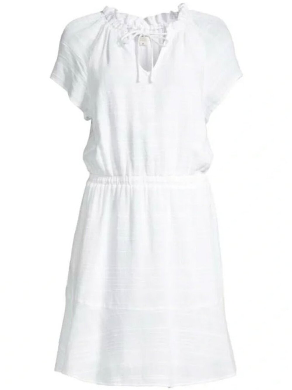 Cloth & Stone White Short Sleeve Ruffle Tie Neck Mini Dres